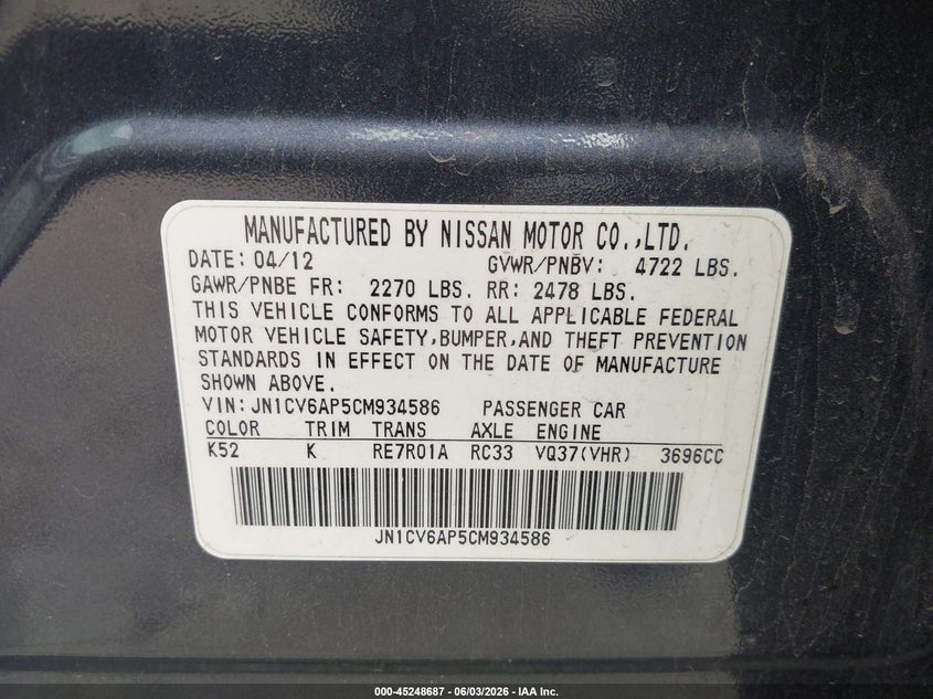 2012 Infiniti G VIN JN1CV6AP5CM934586 IAAI salvage auction — ALL OVER, Salvage Title, sold $325 on 2026-07-06 (photo 9)