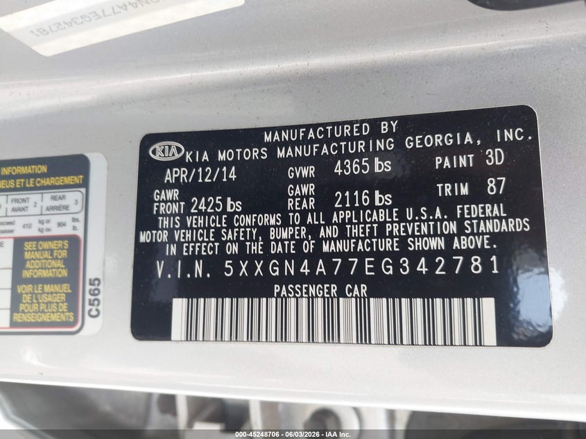 2014 Kia Optima VIN 5XXGN4A77EG342781 IAAI salvage auction — FRONT END, Salvage Title, sold $1,300 on 2026-07-10 (photo 9)