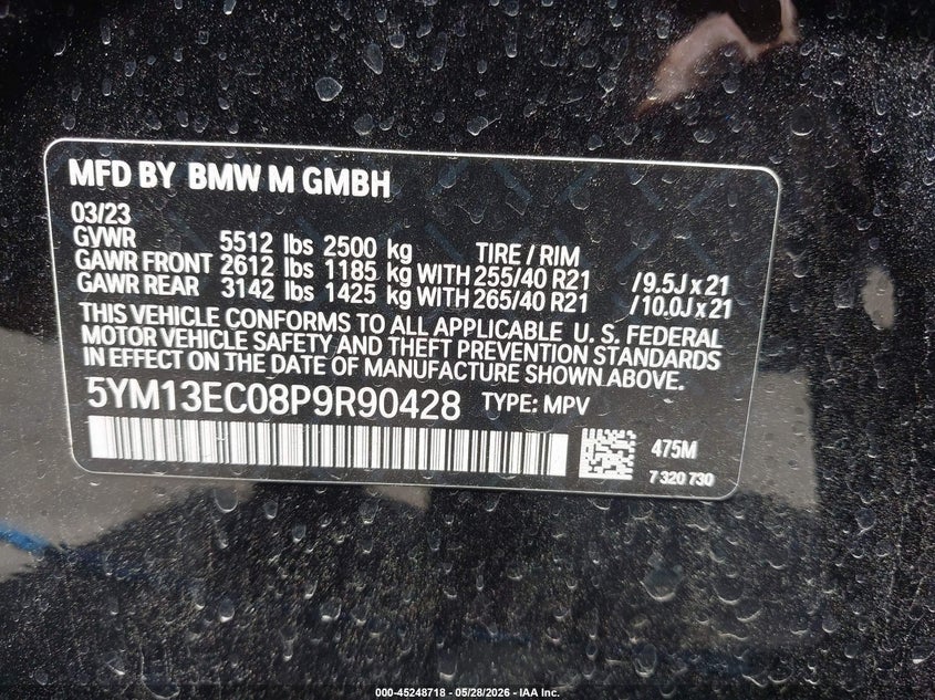 2023 BMW X3 m VIN 5YM13EC08P9R90428 IAAI salvage auction — REAR END, Clear - Dealer Only (California), sold $29,900 on 2026-07-08 (photo 9)