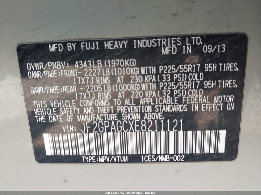 2014 Subaru Xv VIN JF2GPAGCXE8211121 IAAI salvage auction — FRONT END, Salvage Title, sold $425 on 2026-07-09 (photo 9)