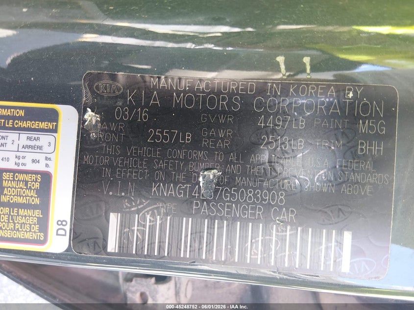 2016 Kia Optima VIN KNAGT4L37G5083908 IAAI salvage auction — LEFT SIDE, Salvage Title, sold $825 on 2026-07-15 (photo 9)