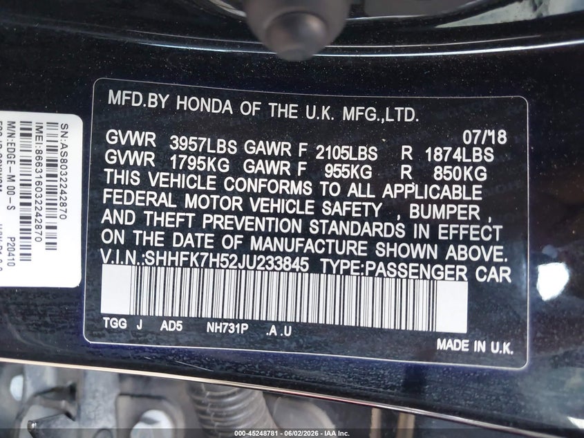 2018 Honda Civic VIN SHHFK7H52JU233845 IAAI salvage auction — REAR END, Salvage Title, sold $1,750 on 2026-07-21 (photo 9)