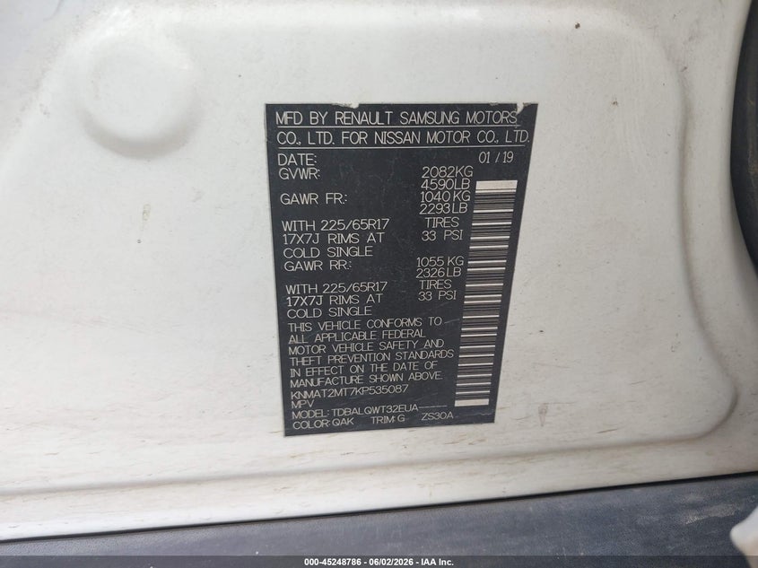 2019 Nissan Rogue VIN KNMAT2MT7KP535087 IAAI salvage auction — FRONT END, Salvage Title, sold $1,200 on 2026-07-30 (photo 9)