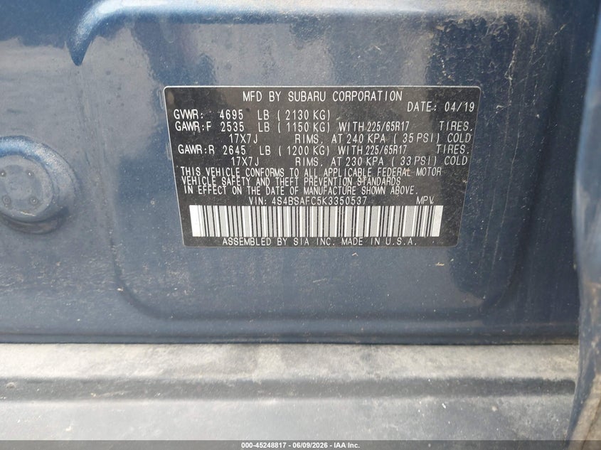 2019 Subaru Outback VIN 4S4BSAFC5K3350537 IAAI salvage auction — FRONT END, Salvage (North Carolina), sold $2,425 on 2026-07-18 (photo 9)