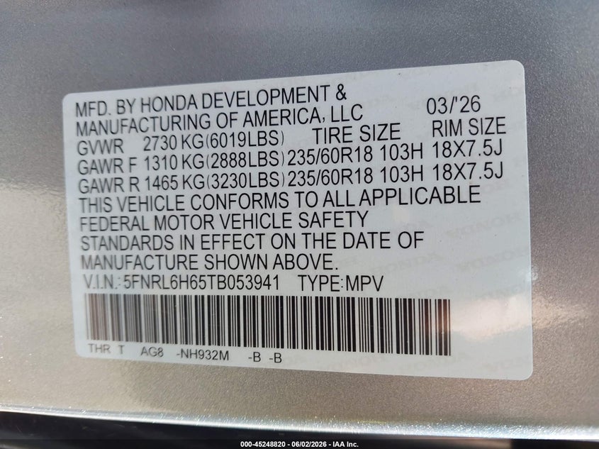 2026 Honda Odyssey VIN 5FNRL6H65TB053941 IAAI salvage auction — LEFT REAR, Salvage Title, sold $18,750 on 2026-09-03 (photo 9)
