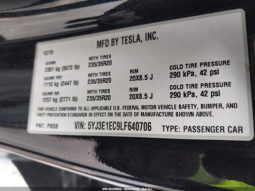 2020 Tesla Model 3 VIN 5YJ3E1EC9LF640706 IAAI salvage auction — RIGHT FRONT, Salvage Title, sold $7,750 on 2026-07-09 (photo 9)
