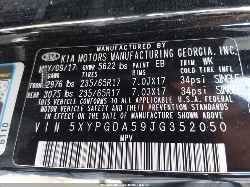 2018 Kia Sorento VIN 5XYPGDA59JG352050 IAAI salvage auction — FRONT & REAR, Salvage Title, sold $1,300 on 2026-07-14 (photo 9)