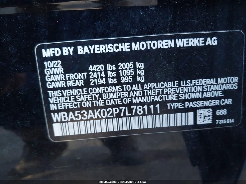 2023 BMW 2er VIN WBA53AK02P7L78111 IAAI salvage auction — FRONT END, Salvage Title, sold $6,650 on 2026-07-16 (photo 9)