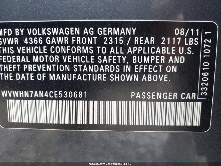 2012 Volkswagen Passat cc VIN WVWHN7AN4CE530681 IAAI salvage auction — NORMAL WEAR, Clear (Florida), sold $300 on 2026-07-30 (photo 9)