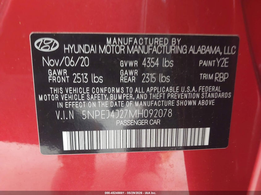 2021 Hyundai Sonata VIN 5NPEJ4J27MH092078 IAAI salvage auction — RIGHT FRONT, Salvage Title, sold $3,950 on 2026-07-08 (photo 9)