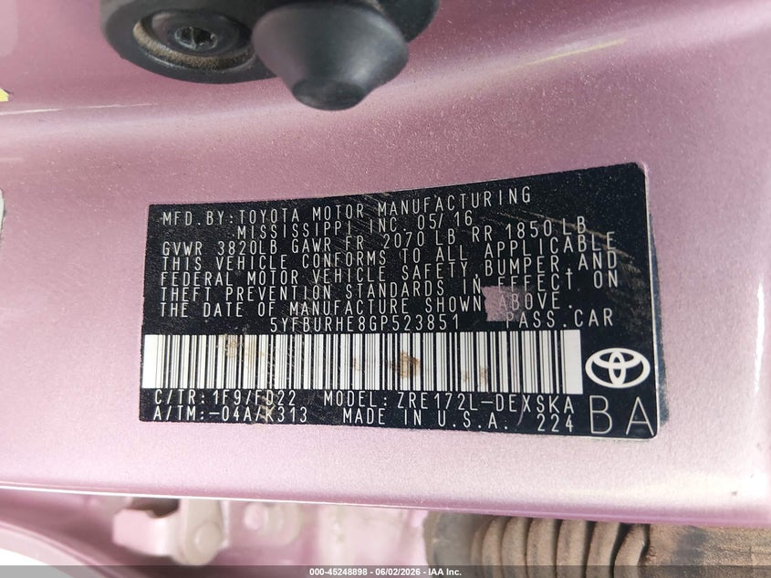 2016 Toyota Corolla VIN 5YFBURHE8GP523851 IAAI salvage auction — FRONT END, Original (Texas), sold $2,450 on 2026-07-15 (photo 9)