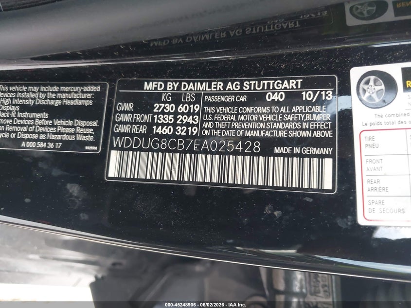2014 Mercedes-benz S-klasse VIN WDDUG8CB7EA025428 IAAI salvage auction — REAR END, Salvage Title, sold $6,100 on 2026-07-10 (photo 9)