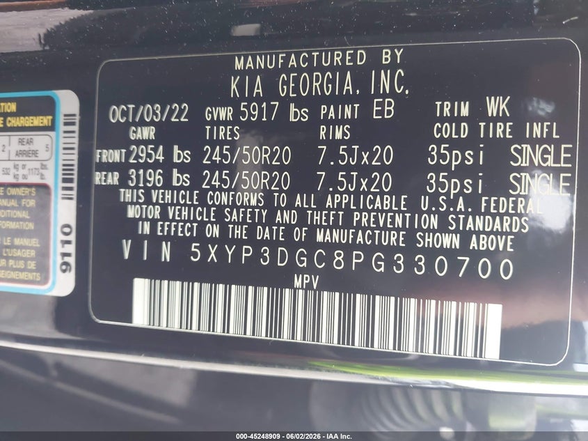 2023 Kia Telluride VIN 5XYP3DGC8PG330700 IAAI salvage auction — LEFT FRONT, Salvage Title, sold $7,800 on 2026-07-09 (photo 9)