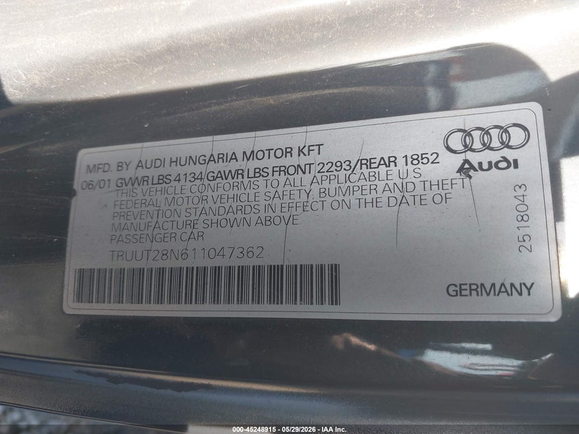2001 Audi Tt VIN TRUUT28N611047362 IAAI salvage auction — NORMAL WEAR, Original (Ohio), sold $325 on 2026-07-14 (photo 9)