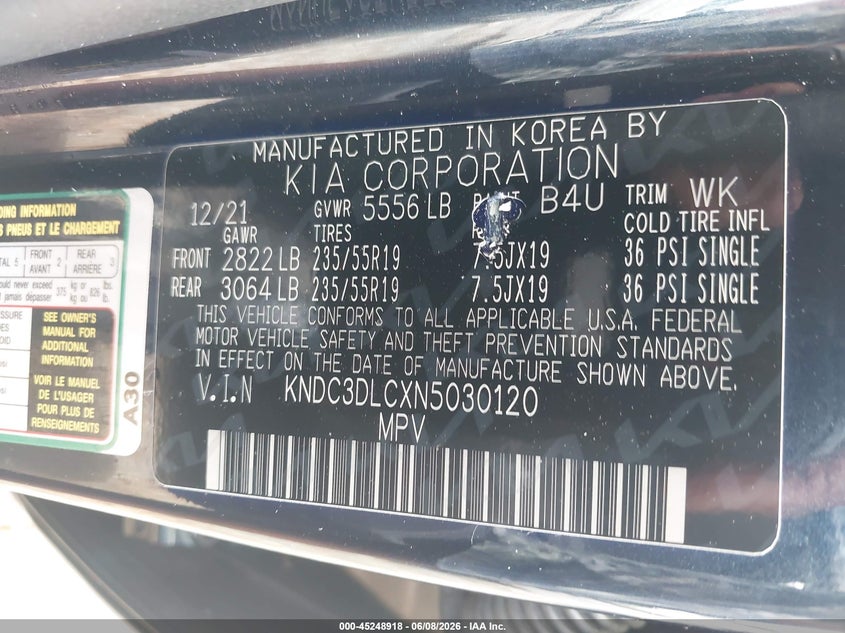 2022 Kia Ev6 VIN KNDC3DLCXN5030120 IAAI salvage auction — ALL OVER, Salvage Title, sold $9,600 on 2026-07-09 (photo 9)