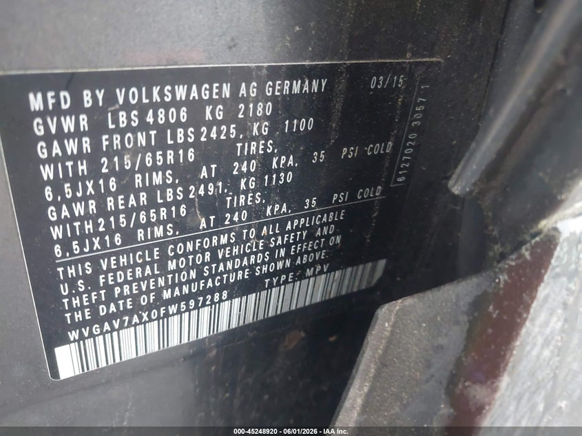 2015 Volkswagen Tiguan VIN WVGAV7AX0FW597288 IAAI salvage auction — LEFT FRONT, Salvage (Massachusetts), sold $425 on 2026-07-24 (photo 9)