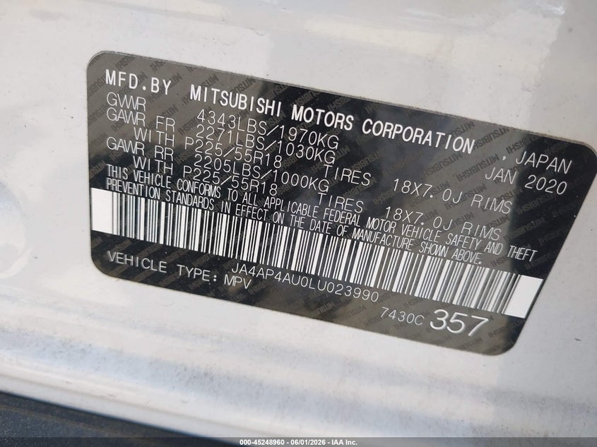 2020 Mitsubishi VIN JA4AP4AU0LU023990 IAAI salvage auction — FRONT END, Salvage Title, sold $3,650 on 2026-07-10 (photo 9)