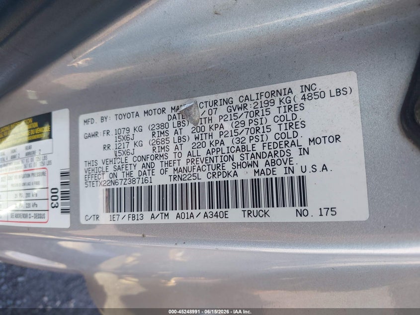 2007 Toyota Tacoma VIN 5TETX22N67Z387161 IAAI salvage auction — NORMAL WEAR, Clear (New York), sold $2,550 on 2026-07-14 (photo 9)