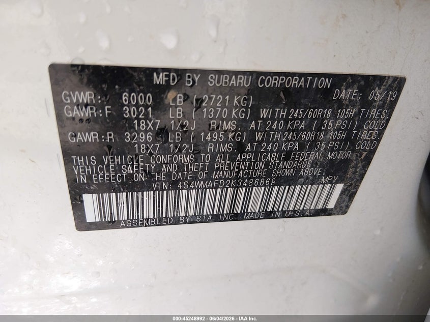 2019 Subaru Ascent VIN 4S4WMAFD2K3486869 IAAI salvage auction — HAIL, Salvage (Kansas), sold $6,750 on 2026-07-31 (photo 9)