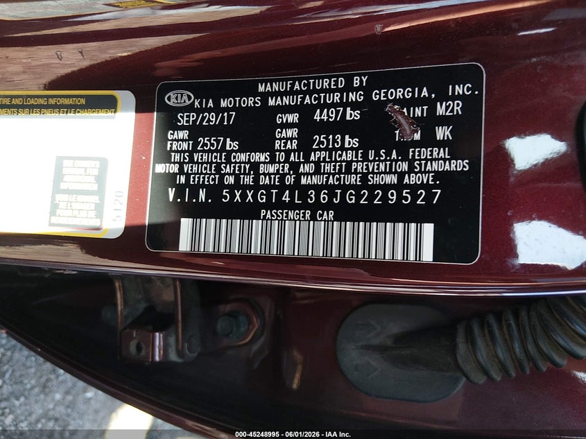2018 Kia Optima VIN 5XXGT4L36JG229527 IAAI salvage auction — FRONT END, Salvage Title, sold $1,600 on 2026-07-09 (photo 9)