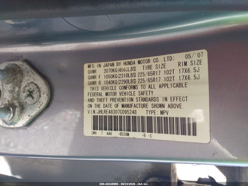 2007 Honda Cr-v VIN JHLRE48307C095248 IAAI salvage auction — NORMAL WEAR, Original (Kentucky), sold $2,450 on 2026-07-16 (photo 9)