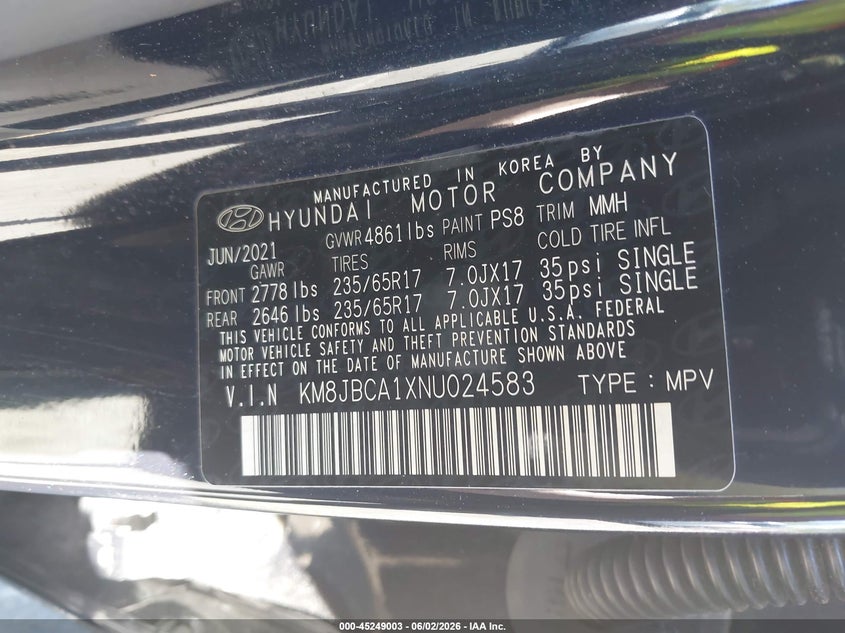 2022 Hyundai Tucson VIN KM8JBCA1XNU024583 IAAI salvage auction — FRONT END, Salvage Title, sold $4,100 on 2026-07-27 (photo 9)