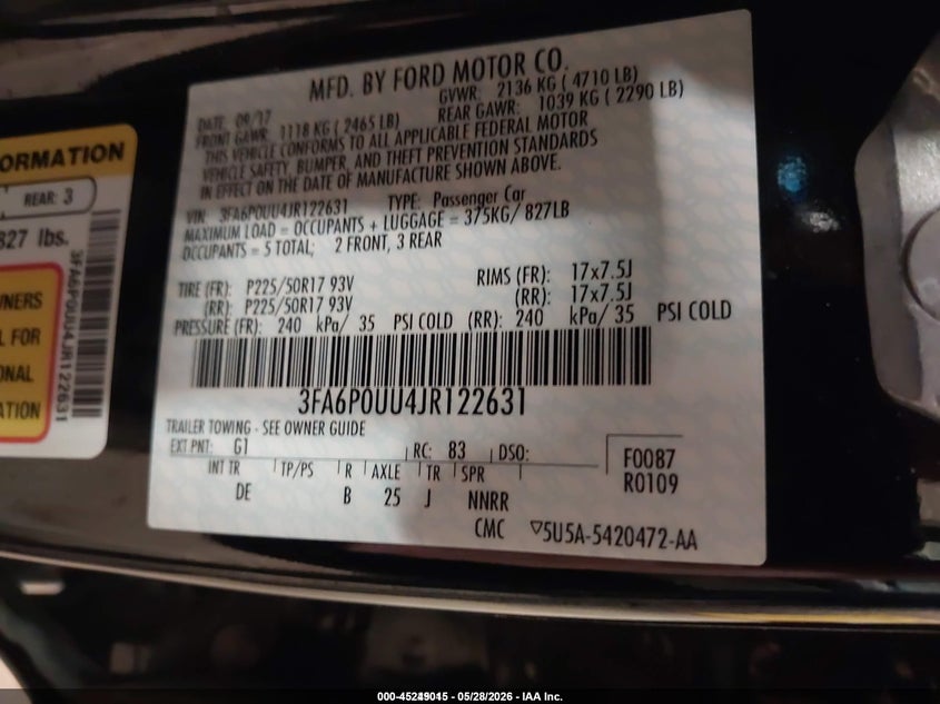 2018 Ford Fusion VIN 3FA6P0UU4JR122631 IAAI salvage auction — NORMAL WEAR, SF97 (South Dakota), sold $9,600 on 2026-07-09 (photo 9)