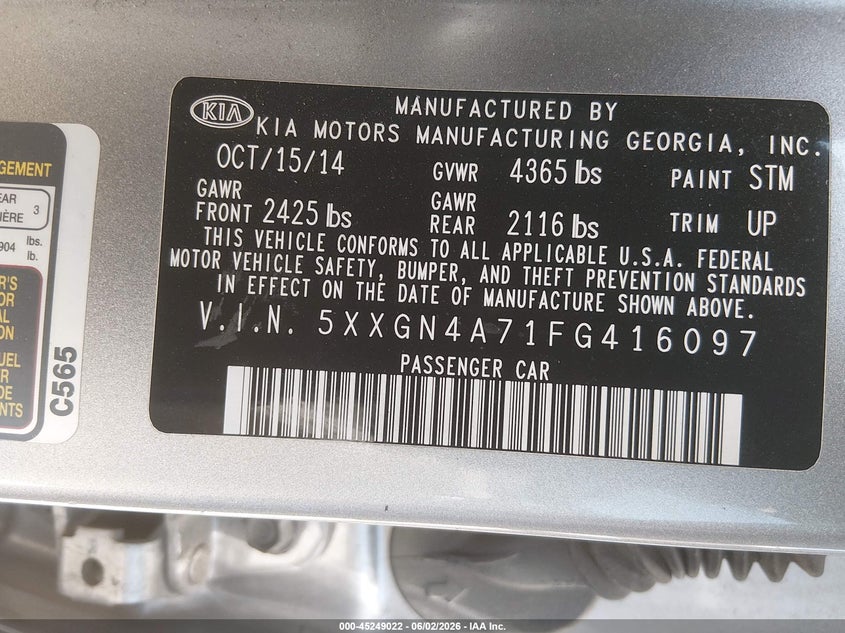 2015 Kia Optima VIN 5XXGN4A71FG416097 IAAI salvage auction — REAR END, Salvage Title, sold $1,200 on 2026-07-13 (photo 9)