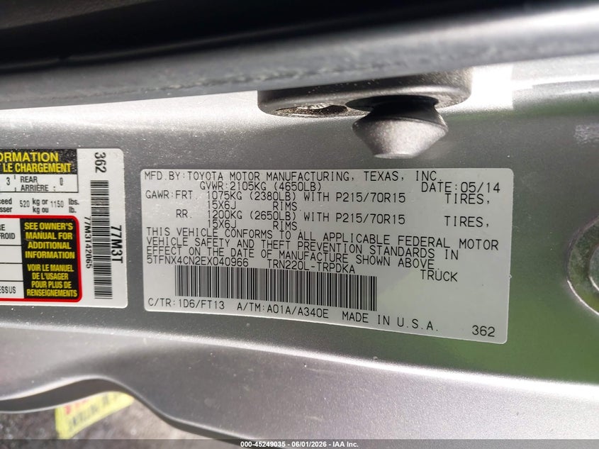 2014 Toyota Tacoma VIN 5TFNX4CN2EX040966 IAAI salvage auction — LEFT FRONT, Rebuildable (Florida), sold $4,300 on 2026-07-13 (photo 9)