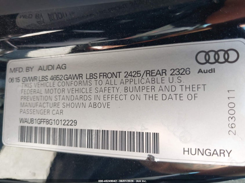 2016 Audi S3 VIN WAUB1GFF8G1012229 IAAI salvage auction — RIGHT REAR, Salvage Title, sold $4,675 on 2026-07-13 (photo 9)