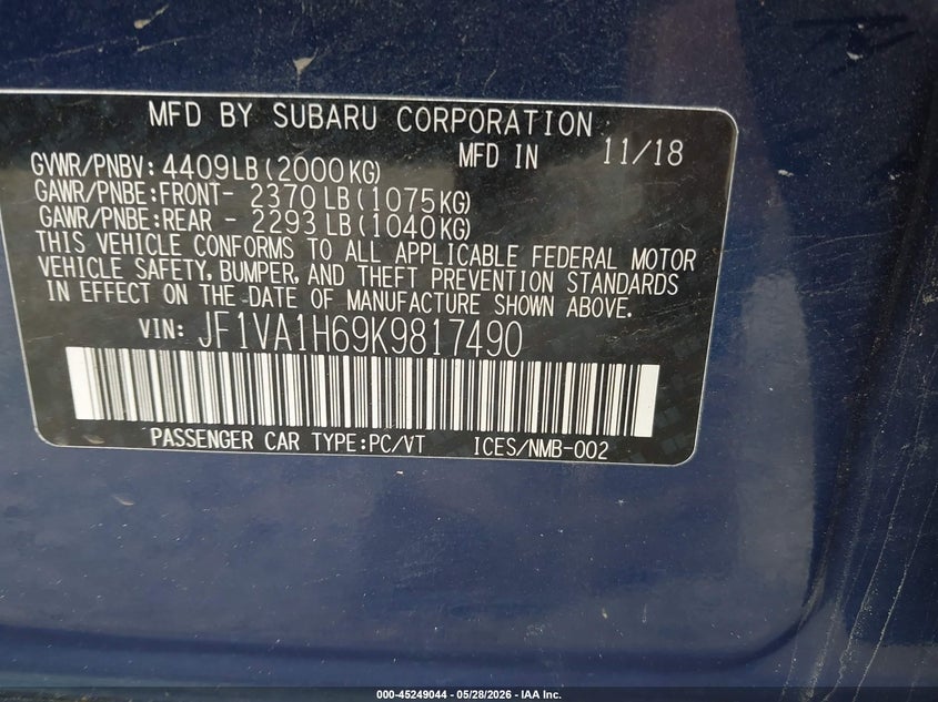 2019 Subaru Wrx VIN JF1VA1H69K9817490 IAAI salvage auction — FRONT END, Salvage Title, sold $3,850 on 2026-07-13 (photo 9)