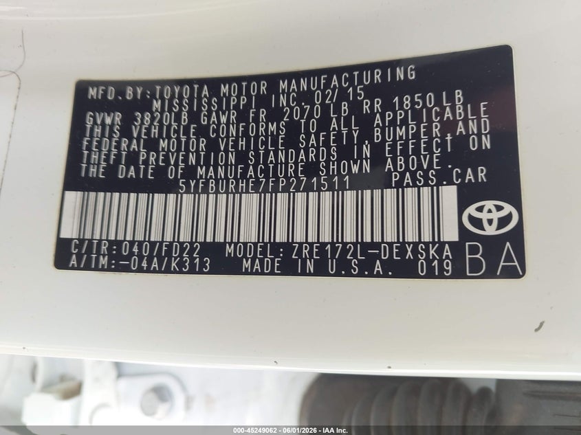 2015 Toyota Corolla VIN 5YFBURHE7FP271511 IAAI salvage auction — FRONT END, Salvage (Mississippi), sold $575 on 2026-07-24 (photo 9)