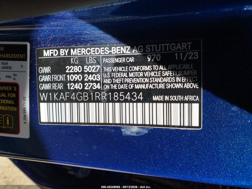 2024 Mercedes-benz C class VIN W1KAF4GB1RR185434 IAAI salvage auction — FRONT END, Salvage (California), sold $14,500 on 2026-07-22 (photo 9)