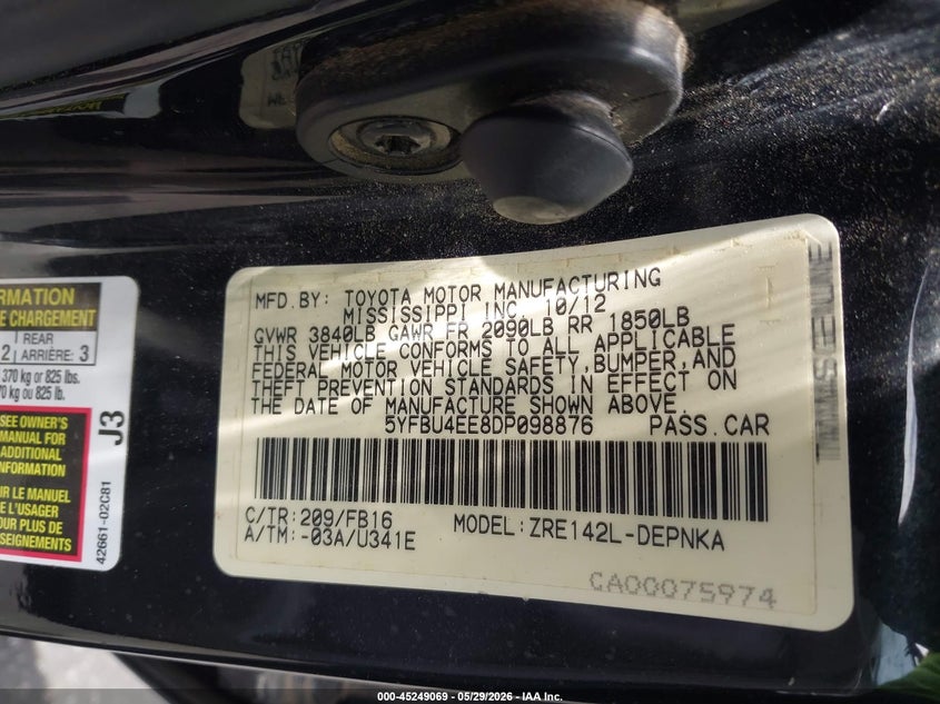 2013 Toyota Corolla VIN 5YFBU4EE8DP098876 IAAI salvage auction — LEFT FRONT, Salvage Title, sold $1,725 on 2026-07-31 (photo 9)