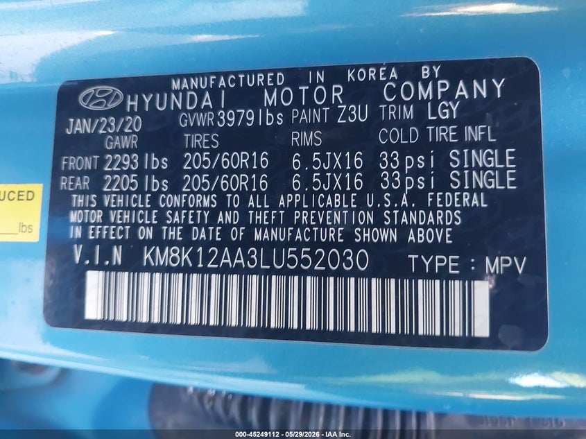 2020 Hyundai Kona VIN KM8K12AA3LU552030 IAAI salvage auction — LEFT SIDE, Salvage Title, sold $3,550 on 2026-07-07 (photo 9)