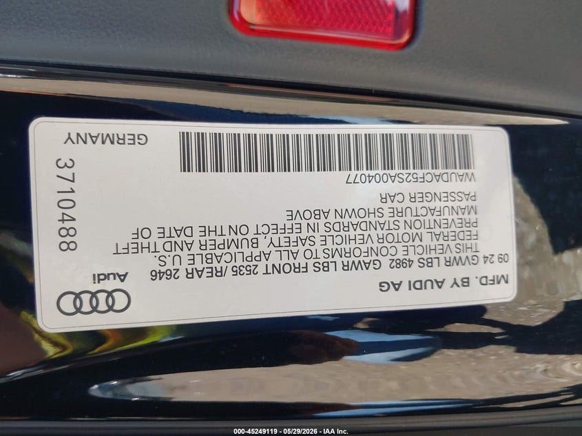 2025 Audi A5 VIN WAUDACF52SA004077 IAAI salvage auction — LEFT SIDE, Salvage Title, sold $15,250 on 2026-07-22 (photo 9)