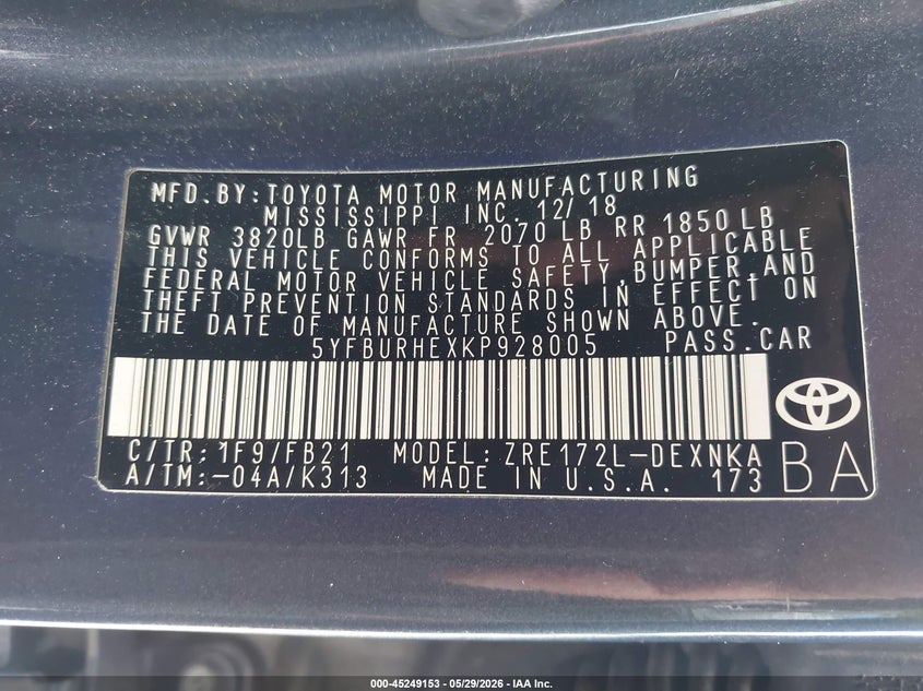 2019 Toyota Corolla VIN 5YFBURHEXKP928005 IAAI salvage auction — FRONT END, Salvage Title, sold $2,025 on 2026-07-15 (photo 9)