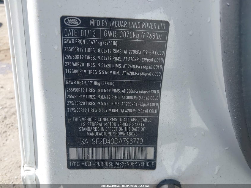 2013 Land rover Range rover sport VIN SALSF2D43DA796770 IAAI salvage auction — NORMAL WEAR, Clear (Virginia), sold $625 on 2026-07-15 (photo 9)