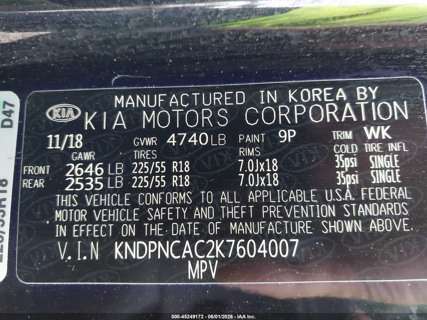 2019 Kia Sportage VIN KNDPNCAC2K7604007 IAAI salvage auction — ROLLOVER, Salvage Title, sold $1,000 on 2026-07-22 (photo 9)
