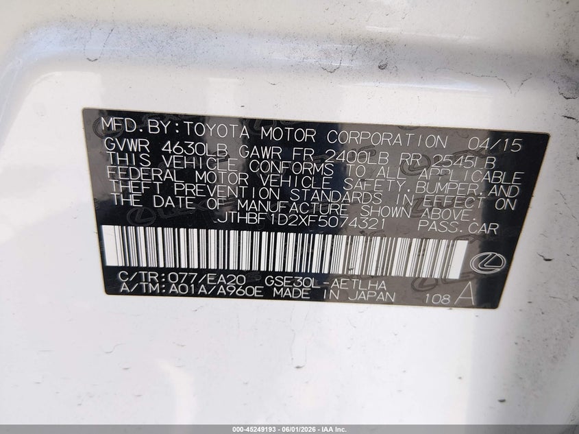 2015 Lexus VIN JTHBF1D2XF5074321 IAAI salvage auction — FRONT END, Salvage (California), sold $5,700 on 2026-07-29 (photo 9)