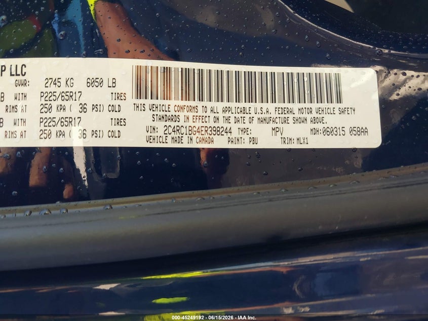 2014 Chrysler Town & country VIN 2C4RC1BG4ER398244 IAAI salvage auction — LEFT FRONT, Salvage Title, sold $1,600 on 2026-08-22 (photo 9)
