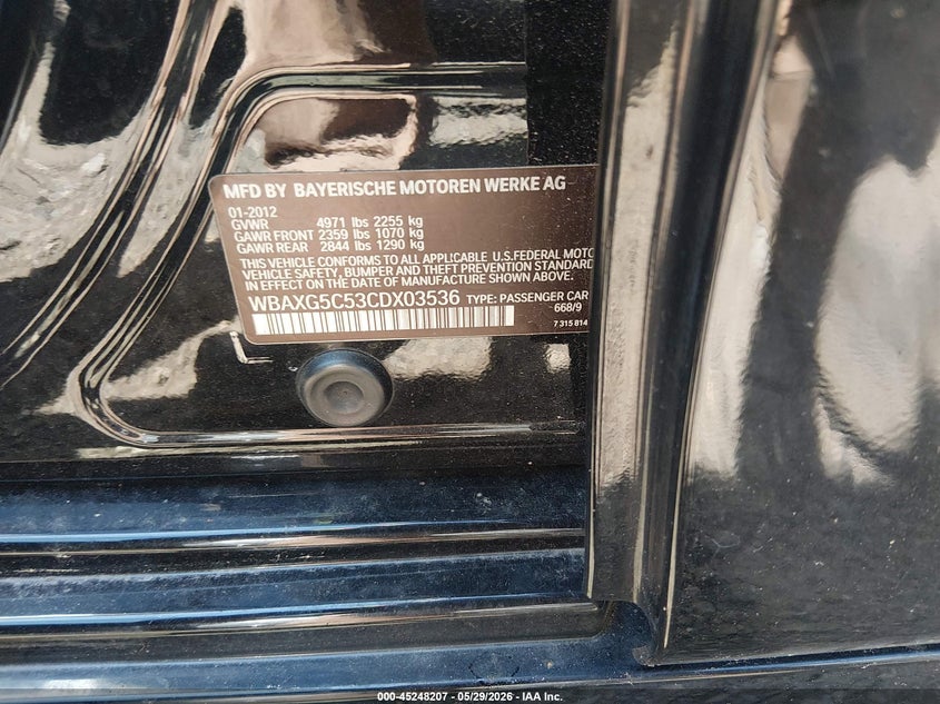 2012 BMW 5er VIN WBAXG5C53CDX03536 IAAI salvage auction — WATER/FLOOD, Salvage (Rhode Island), sold $375 on 2026-08-04 (photo 9)
