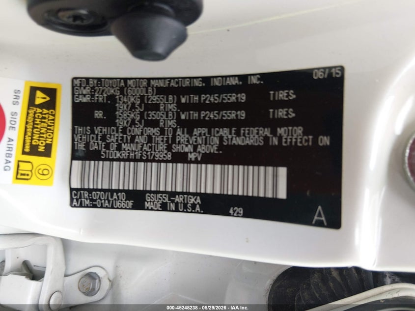 2015 Toyota Highlander VIN 5TDDKRFH1FS179958 IAAI salvage auction — FRONT & REAR, Salvage Title, sold $1,150 on 2026-07-23 (photo 9)