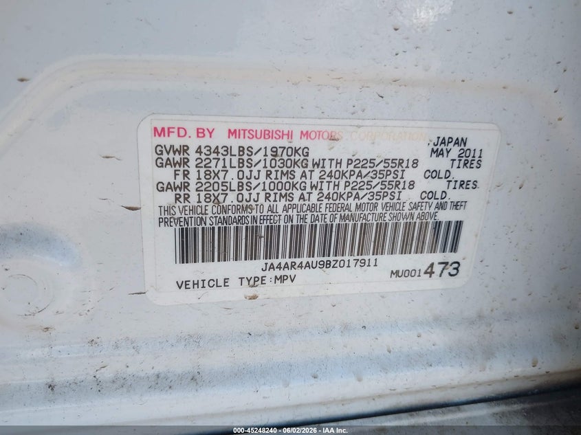 2011 Mitsubishi Outlander VIN JA4AR4AU9BZ017911 IAAI salvage auction — FRONT END, Salvage (New Jersey), sold $625 on 2026-07-12 (photo 9)