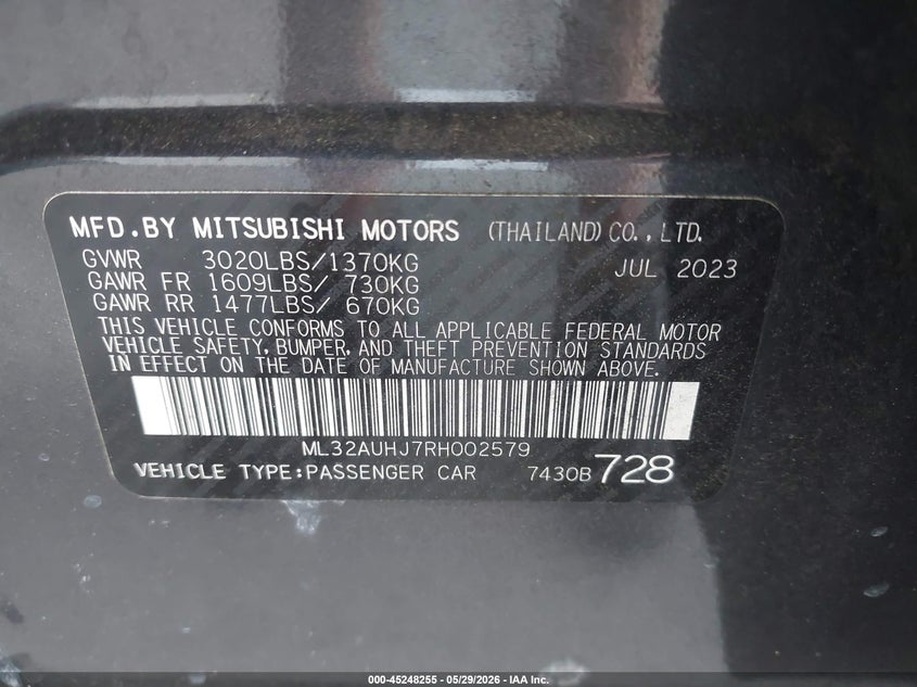 2024 Mitsubishi Mirage VIN ML32AUHJ7RH002579 IAAI salvage auction — RIGHT REAR, Salvage Title, sold $2,950 on 2026-07-15 (photo 9)