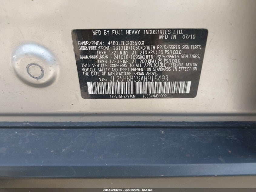 2010 Subaru Forester VIN JF2SH6BC9AH915493 IAAI salvage auction — FRONT END, Clear (Massachusetts), sold $25 on 2026-07-10 (photo 9)