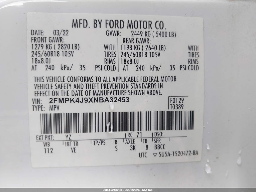 2022 Ford Edge VIN 2FMPK4J9XNBA32453 IAAI salvage auction — FRONT END, Salvage Title, sold $3,200 on 2026-07-09 (photo 9)