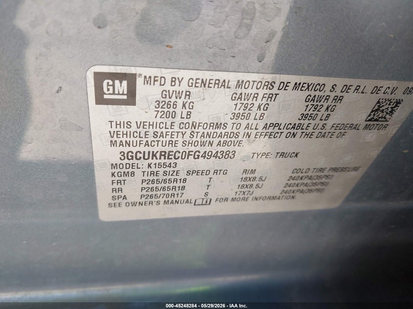 2015 Chevrolet Silverado VIN 3GCUKREC0FG494383 IAAI salvage auction — RIGHT FRONT, Salvage Title, sold $7,200 on 2026-07-09 (photo 9)