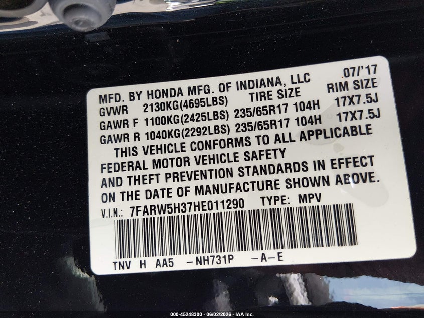2017 Honda Cr-v VIN 7FARW5H37HE011290 IAAI salvage auction — REAR END, Salvage Title, sold $3,600 on 2026-07-24 (photo 9)
