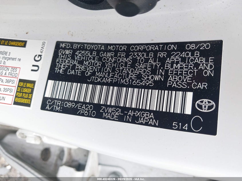 2021 Toyota Prius VIN JTDKAMFP1M3165495 IAAI salvage auction — BIO HAZARD, Salvage Title, sold $3,650 on 2026-07-29 (photo 9)